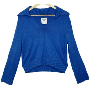 Abercrombie & Fitch Blue Ribbed Knit Collared Long Sleeve V-Neck Sweater Size S thumbnail 1