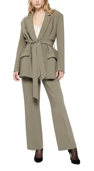 NWT Bardot Womens Size Large Khaki Olive Belted Notched Lapel Blazer Jacket NEW thumbnail 1