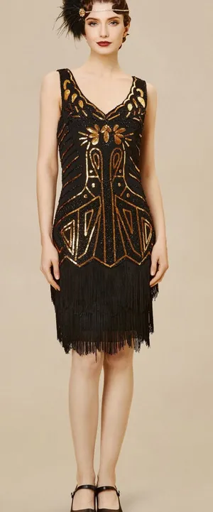 Babeyond Black & Gold Art Deco Fringe Cocktail Dress flapper costume sequins thumbnail 1