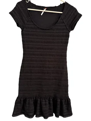 Free People Mini‎ Dress Women Medium Black Textured Ruffle Hem Boho Scoop Neck thumbnail 1