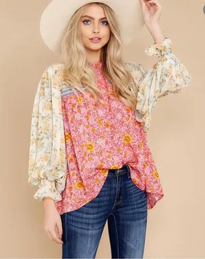 Red Dress Boutique Entro Pink and Red Ruffled Bib Collar Blouse thumbnail 1