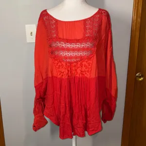 Free People Thinking of You Top Red Floral Lace‎ Trim Long Sleeve Bohemian thumbnail 4