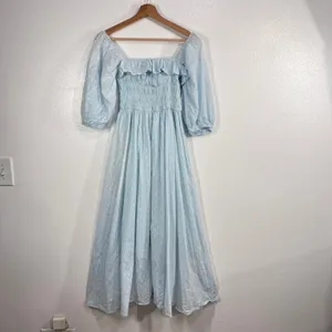R.Vivimos Swiss Dot Smocked Maxi Dress Size Medium M‎ Light Blue Off Shoulder thumbnail 3