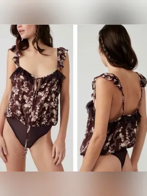 Free People Bodysuit Take It Away Brown Floral One Piece Bodysuit size large thumbnail 9
