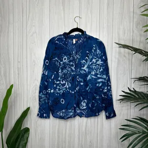 Anthropologie Pilcro The Tavi Ruffled Button Down Blouse Blue Batik Floral Small thumbnail 3