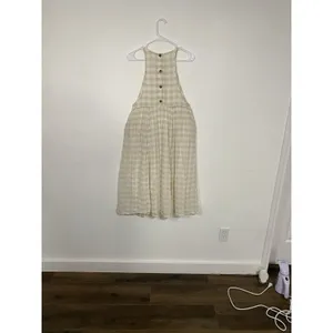 KIMCHI BLUE Size S Gingham White Beige Plaid Linen Cotton Pinafore Dress Snaps thumbnail 8