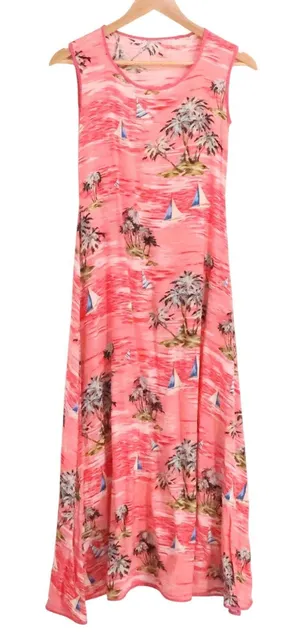 Tropical‎ Palm Tree Sailboat Midi Dress Pink Beach Vacation Resort Cruise Size S thumbnail 1