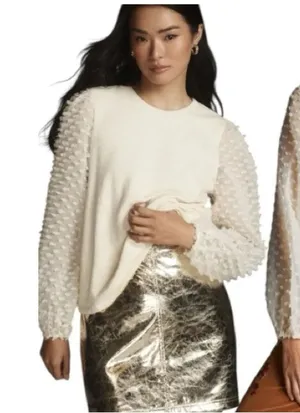 Anthropologie Maeve Textured Long Sheer Sleeve Ivory Top Blouse Feminine Small thumbnail 1