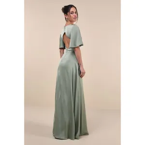 NWT Lulus Elegant Confidence Sage Satin Flutter Sleeve Cutout Maxi Dress Size S thumbnail 3