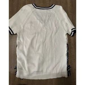 Lauren Ralph Lauren Short Sleeve V-Neck Tennis Sweater Lace-Up Sides White Navy thumbnail 2