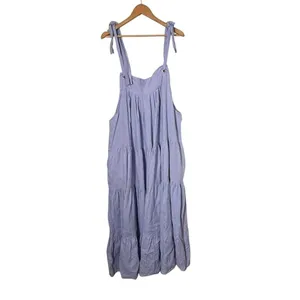 Womens Tiered Tie Should BOHO Pinafore Maxi Dress OS Lavender 100% Linen thumbnail 7