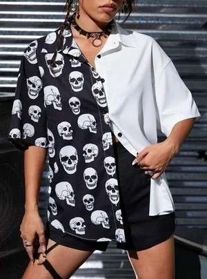 Unisex New Halloween skull blouse with short sleeve size large thumbnail 1