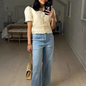 Reformation | Bess 100% Linen Puff Sleeve Ruffle Top in Sugar Cream | Size Med thumbnail 5