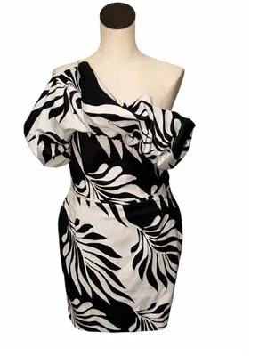 NWT $180 White House Black Market One-Shoulder Jacquard Dress Black White SZ-6 thumbnail 6