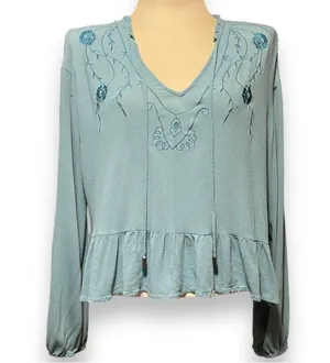 Lulu’s Island in the Sun Turquoise Blue Long Sleeve Embroidered Top Large thumbnail 4