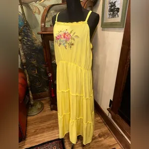 FEATHER Yellow Boho Embroidered Tiered Maxi Dress Plus 2X Coastal Summer Rayon thumbnail 4