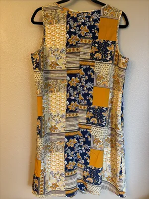 NEW! EMERY ROSE Boho Patchwork Swing Dress Mini Yellow Navy Blue Floral LARGE thumbnail 6