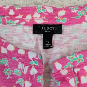 Talbots Plus 2X Pink Floral Slub Knit Short Sleeve Split Neck‎ Tee Shirt Top thumbnail 3