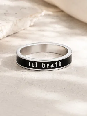 TIL DEATH Silver Black Band Ring Size 7 Stackable Promise Wedding Ring NWT thumbnail 4