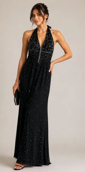 Scala Black Halter Beaded Sequin Maxi Formal Gown Sz L‎ thumbnail 1