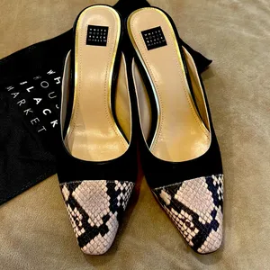 Brand New Hallie Cap toe mules shoes, black and snake skin look on tip Size 10 thumbnail 2