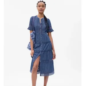 Gap × LoveShackFancy Denim Tiered Midi Dress with lace and ruffle detail sz. S thumbnail 3