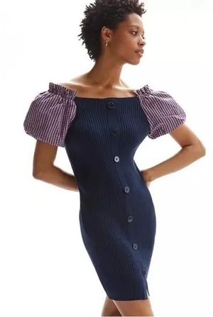 Maeve Anthropologie Ribbed Puff Sleeve Mini Dress Navy Gingham NWT‎ Size Small thumbnail 1
