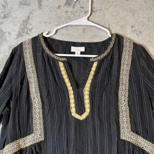 J Jill Sz Medium Embellished Crinkle‎ Peasant Split V-Neck Blouse Boho Black Tan thumbnail 3