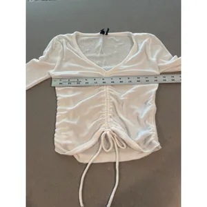 Out From Under White Ribbed Ruched Drawstring‎ V Neck Long Sleeve Cropped Top thumbnail 4