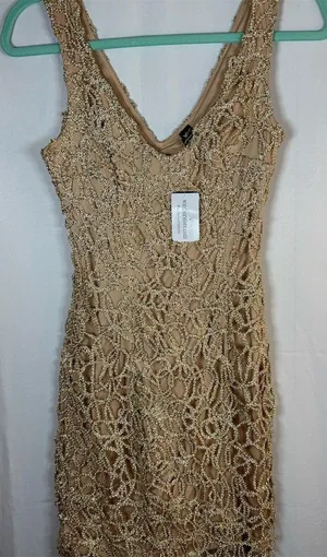 Windsor Dress Womens S Gold Gold Beaded Sequin Bodycon Mini V-Neck thumbnail 1