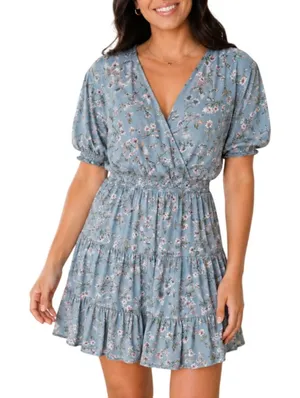 WAYF Dusty Blue Floral Mini Dress XL NWT Wedding Guest Garden Party thumbnail 1