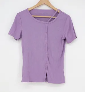 Purple Asymmetrical Neckline Button Front Ribbed Short Sleeve Top Medium thumbnail 1