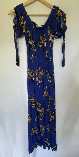Band of Gypsies Floral Maxi Dress XS Blue Women Off Shoulder Tie Sleeve thumbnail 1
