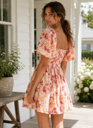 Abercrombie & Fitch Peach Floral Emerson Poplin Puff Sleeve Square Neck Mini Dress thumbnail 3