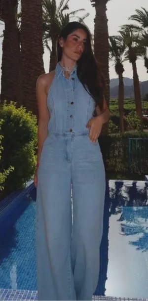 Zara jumpsuit denim halter wide leg open back bohemian casual summer thumbnail 3