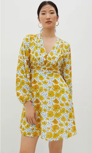 Vera for Anthropologie Sz XS Buttercup Mini Dress Floral Yellow Blue Buttons thumbnail 1