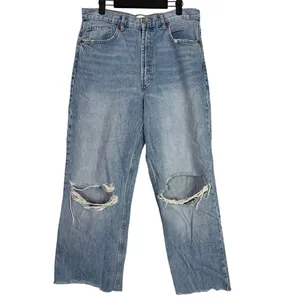 Zara Vintage Style Wide Leg Distressed Cropped Ankle Jean Raw Hem Cotton 10 Blue thumbnail 9