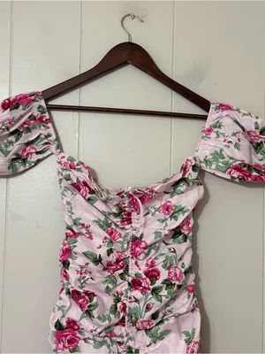 Hello Molly Find An Oasis Mini Dress Pink Floral Puff Sleeve Ruched Size M NWT thumbnail 4