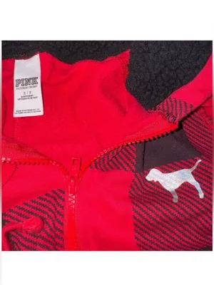 PINK Victoria's Secret Red & Black Plaid Hooded One-Piece Pajama onesie pj thumbnail 2