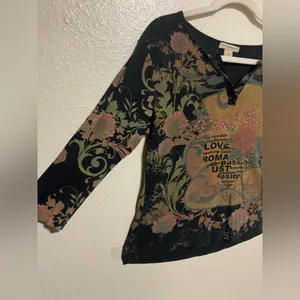 Susan Lawrence Earthy Embellished Dahlia Top | Studded Boho Floral Shirt | L thumbnail 4