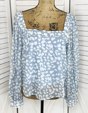 Lucca Petal Print Square‎ Neck Crop Blouse Blue White Large Long Balloon Sleeve thumbnail 1