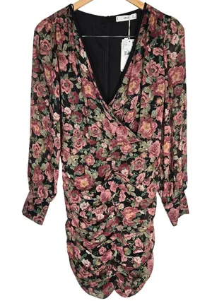 MNG Mango Women's Floral Long Sleeve‎ Mini Dress Ruched Bodycon V Neck thumbnail 1
