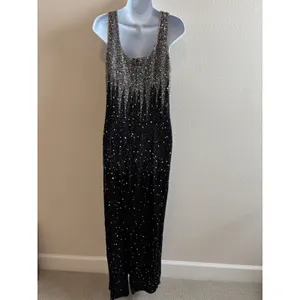 NWT Vintage Stenay Beaded Maxi Dress 14 Black Silver Sequin Silk Evening Gown thumbnail 2