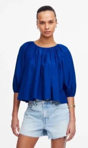 Madewell Top Womens Small‎ Blue Shirred Puff Sleeve Top Cotton Silk NV194 thumbnail 1