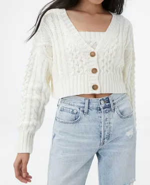 NWT Aeropostale Oversized Cable Knit Cropped V Neck Cardigan Sweater Cream XL thumbnail 1