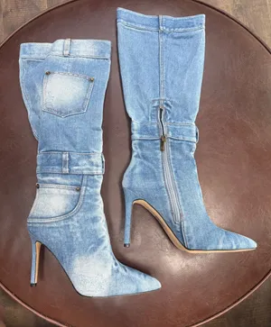 Denim Pointed-Toe Knee-High Stiletto Boots - Light Blue 4” heel thumbnail 1