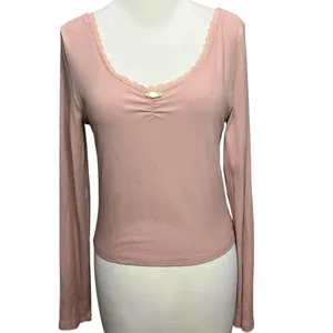 Pretty Garbage Long Sleeve Baby Tee Size L Pink Rib Knit Scoop Dainty Lace‎ Top thumbnail 2