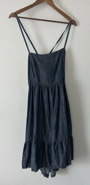Ariat flowy dark blue open back distressed western Denim Spaghetti Midi Dress thumbnail 1