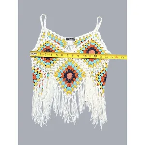 Vivid Granny Square‎ Crochet Fringe Crop Top Multicolor Boho Festival thumbnail 3