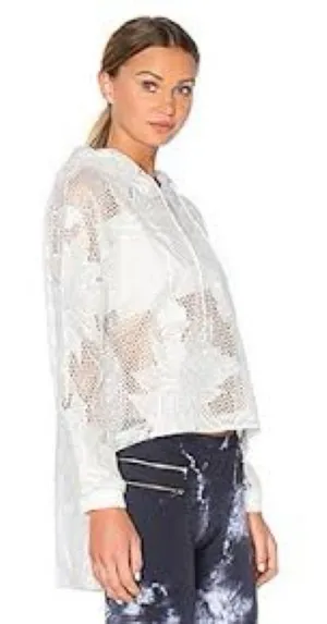 Free People FP Movement White Floral Mesh Hoodie High Low Hem Sweatshirt‎ Large thumbnail 1